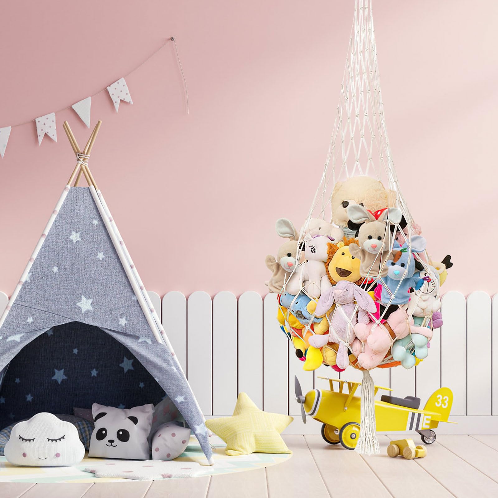 Filet Peluche à Suspendre HENGBIRD - Hamac Rangement Jouets Avec Pinces - 165cm Beige