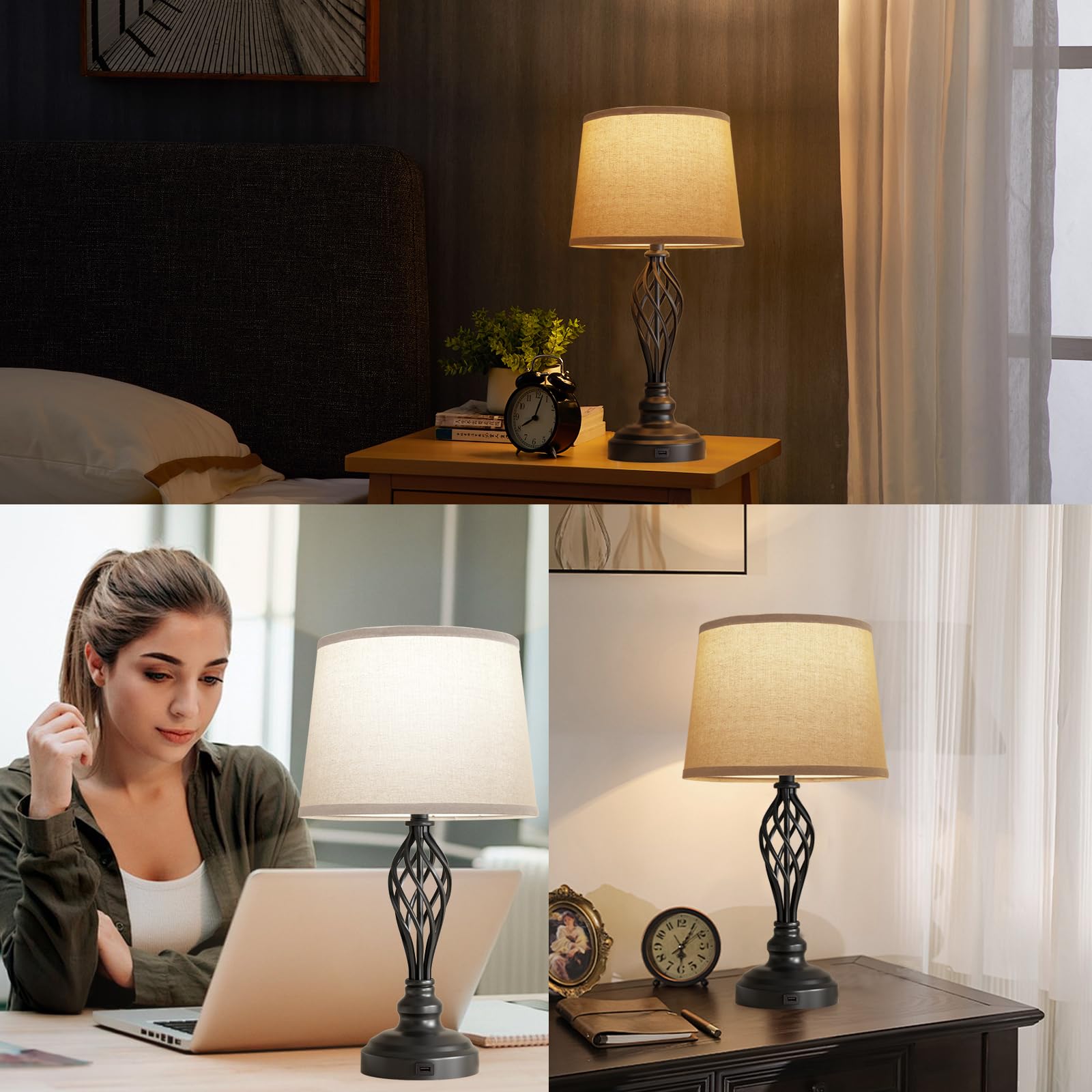 PARTPHONER Touch Table Lamps for Bedroom Set of 2, Bedside Nightstand Lamps with USB Port and Power Outlet, 3 Way Dimmable White Lamp for Living Room Nursery Room, Daylight White Bulbs Included: Beige