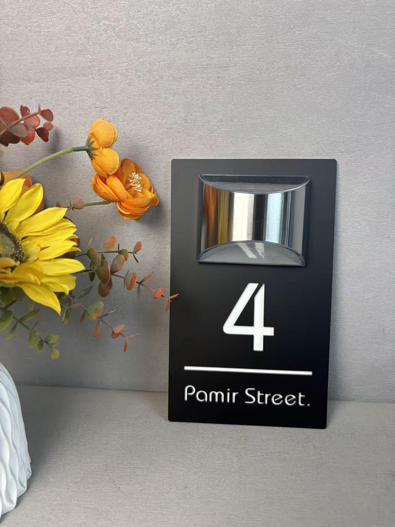 Plaque Numéro de Maison Extérieure Personnalisée Imperméable - Acrylique LED Solaire, 6 Polices - Pour Porte/Mur (4 Tailles au Choix : 15x25cm, 15x29cm, 18x32cm, 22x35cm)(Noir-Blanc)
