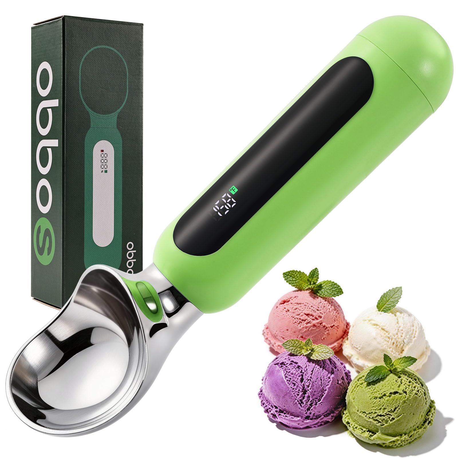 Paletta per gelato riscaldata, ricaricabile, elettrica, con display a LED, interruttore on/off, impermeabile IP67, riscalda fino a 70 °C, per gelato duro (verde)