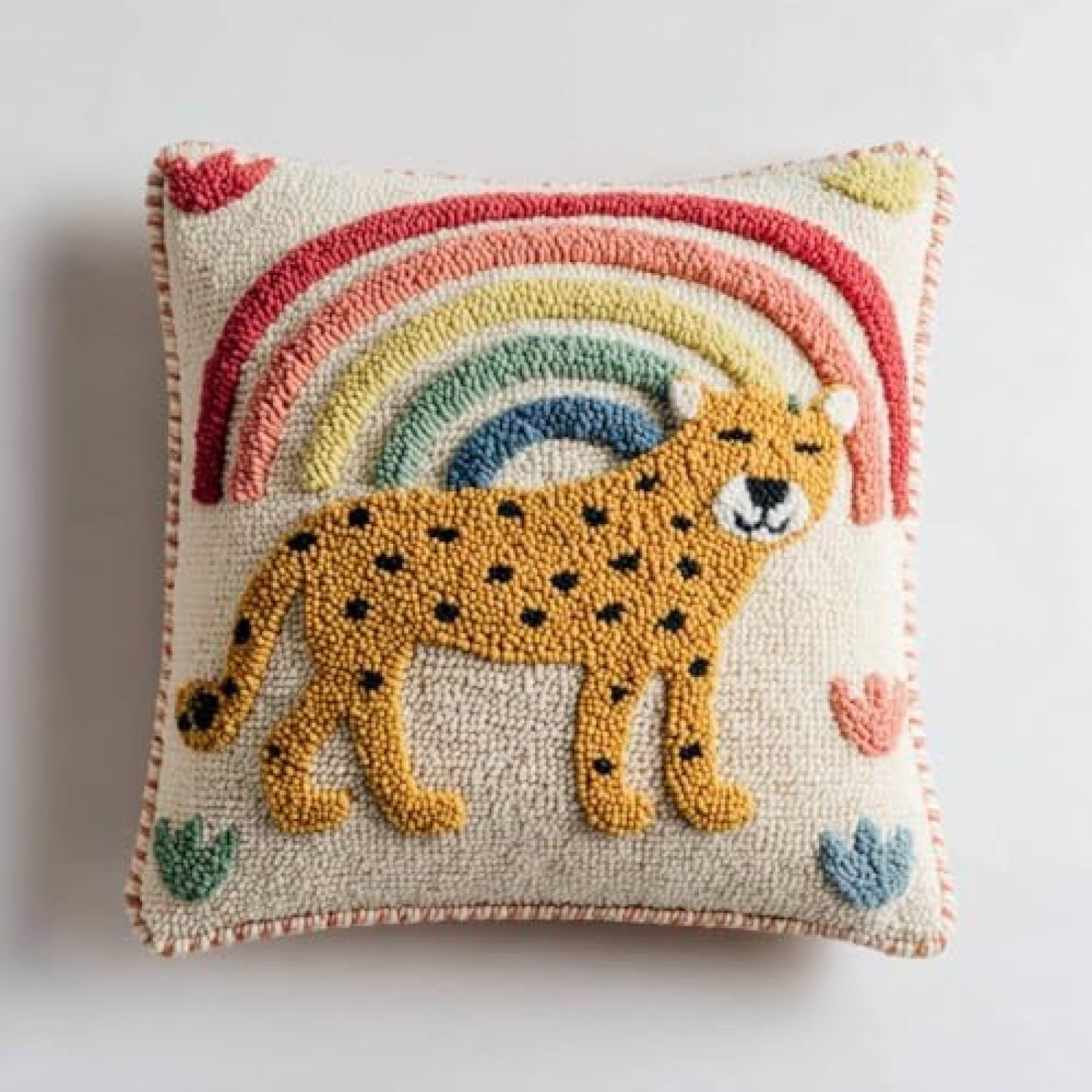 kitphoenix Latch Hook Kit for Adults,Cheetah and Rainbow DIY Cushion Cover,Pre-Printed Embroidery Crochet Kit for Beginners,43x43cm,Craft Gift for Women