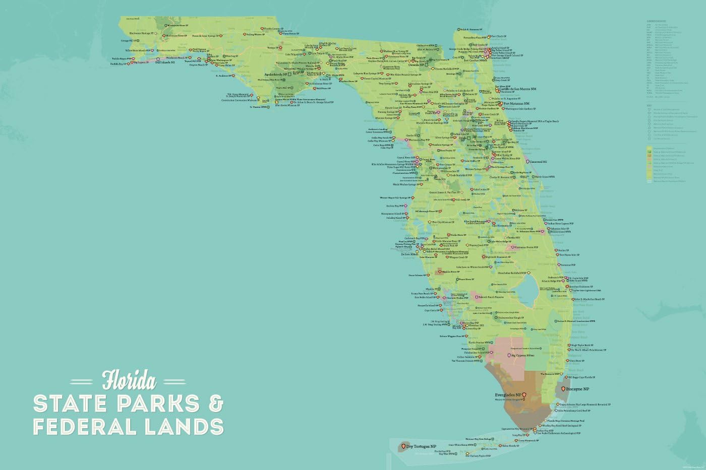 Florida State Parks & Federal Lands Map 24x36 Poster (Green & Aqua)