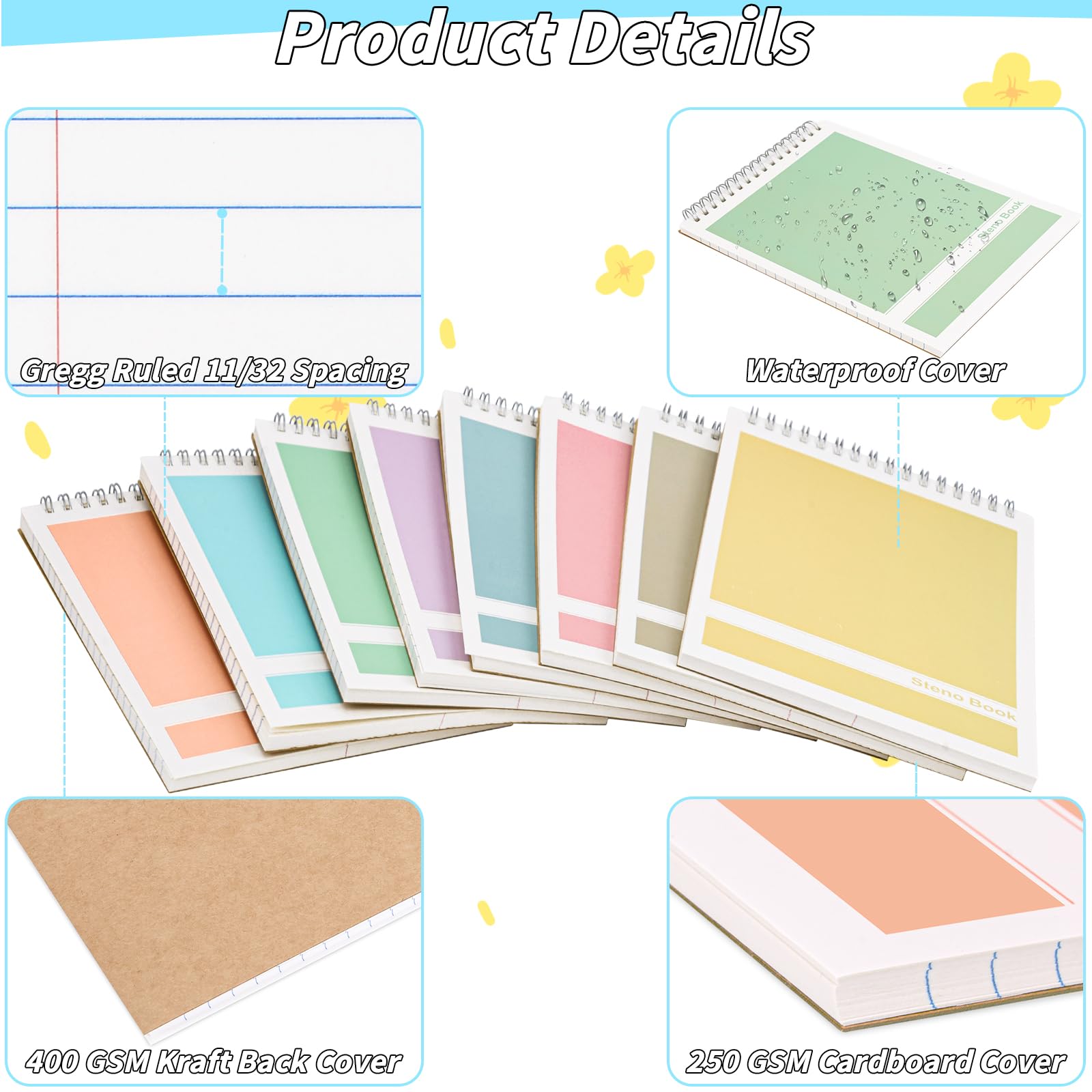 Lot de 24 carnets Steno de 15,2 x 22,9 cm avec dessus à spirale en vrac, 8 couleurs assorties, 60 feuilles de papier à lettre Gregg Rule pour étudiants, enseignants, hommes, femmes, professionnels