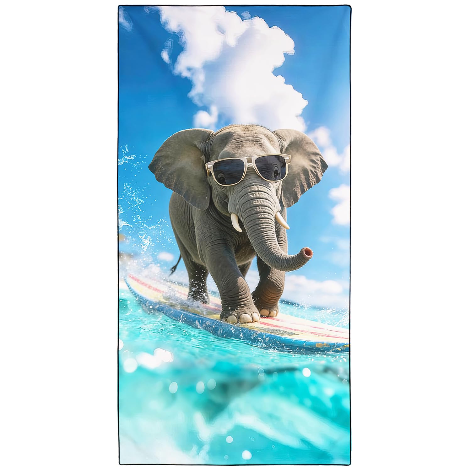 Violetpos Surfing Elephant with Sunglasses Silhouette Beach Towel, Extra Large 180x90 cm 250GSM Microfibre, Sand Free Quick Dry, Ideal Vacation Gifts with Carry Bag for Pool Cruise Camping