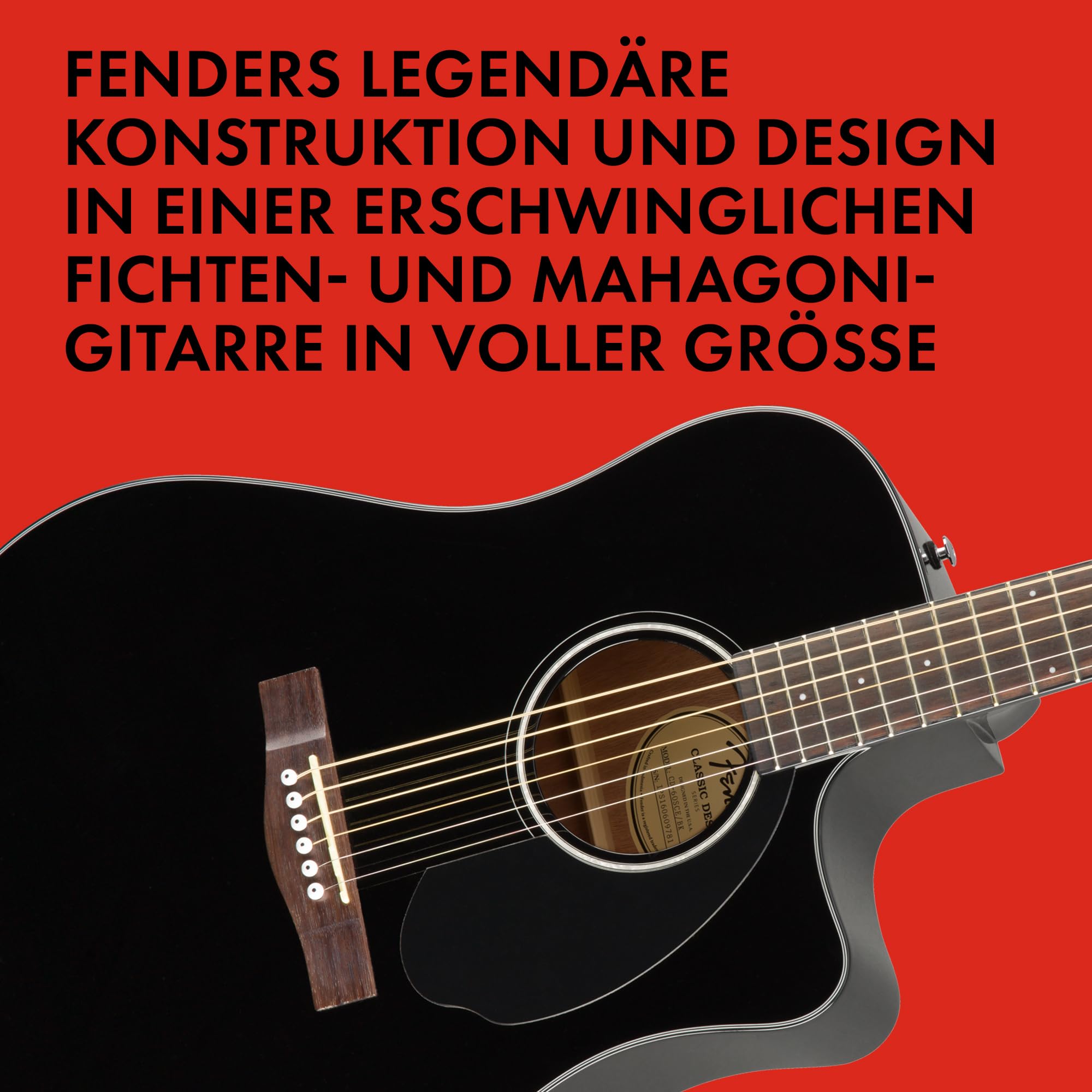 Fender CD-60SCE Dreadnought Elektroakustikgitarre, Hochwertige Westerngitarre mit Cutaway, Ideal für Bühne und Studio, Inklusive virtueller Kurse auf Fender Play, Schwarz