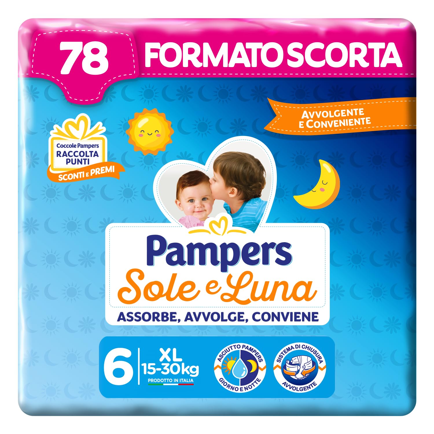 Pampers Sol y Luna Pañales Extralargos, Talla 6 (15-30 kg), 78 Pañales