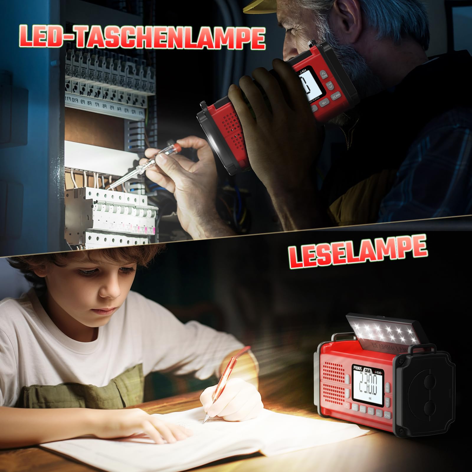 PRUNUS J-924D Digital Radio DAB+/UKW, Kurbelradio Notfall mit 10000mAh Akku, DAB Radio mit Bluetooth, Notfallradio mit Taschenlampe/SOS Alarm/Handyladefunktion für Ourdoor, Notfall (Rot)