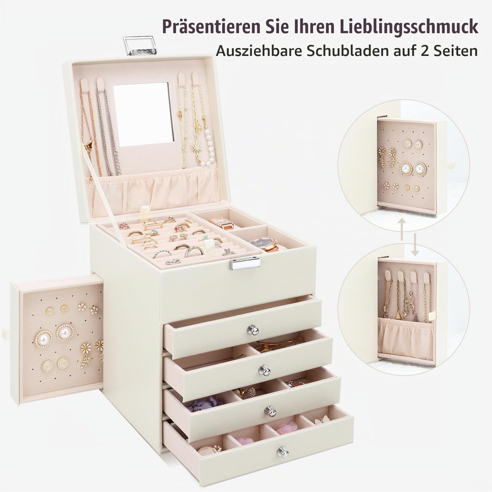 Schmuckkästchen mit 6 Schubladen, Große PU Schmuckkasten 5 Ebenen mit Seitlichen Schubladen und Spiegel, Schmuckbox für Ringe, Ohrringe, Armbänder, Halsketten, Beige