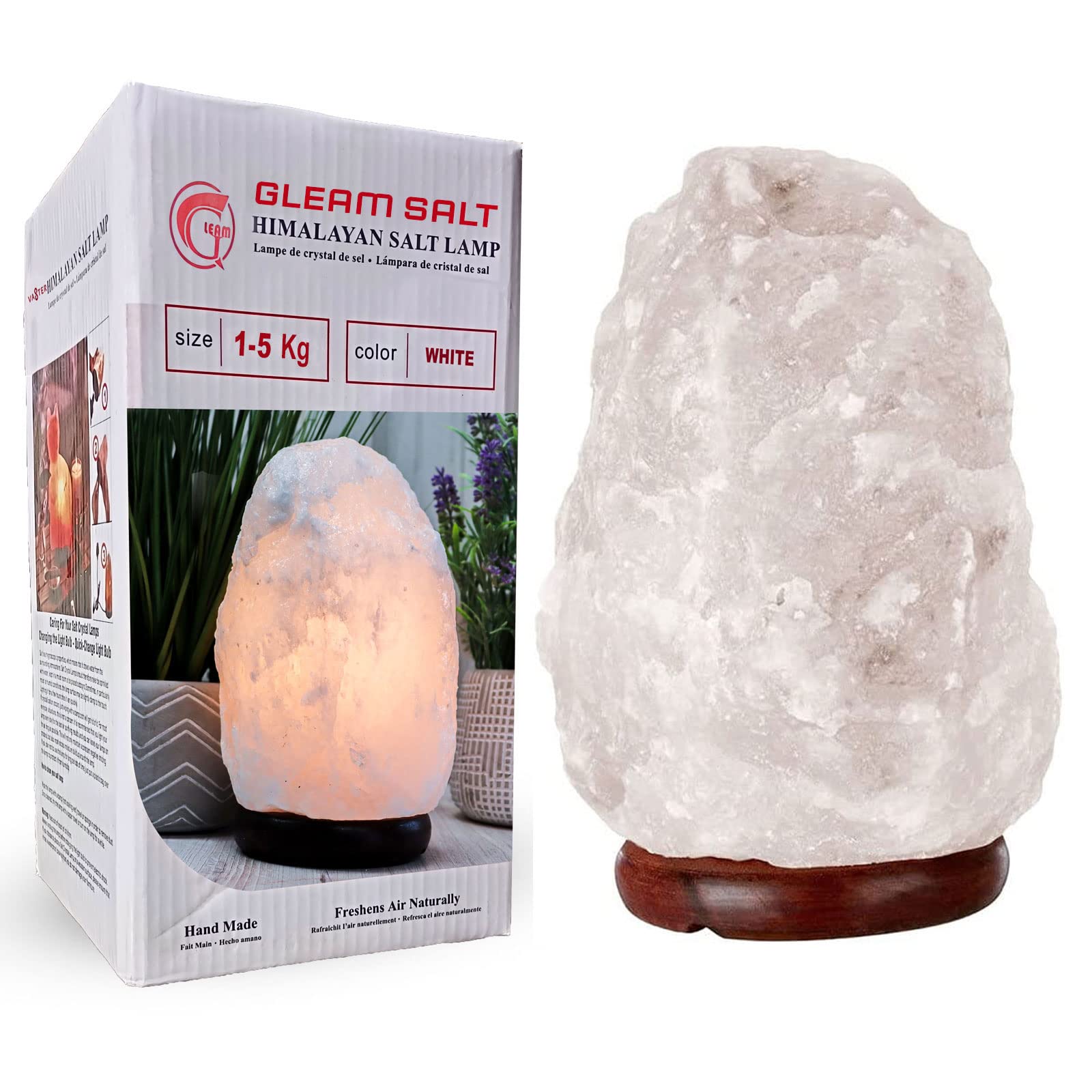 GLEAM SALT Himalayan Crystal Rock Salt Lamp - Natural Salt lamp Direct from Foothills of The Himalayas - Wooden Base Handcrafted Design - Great as a Gifts (1.5-2 KG, White)