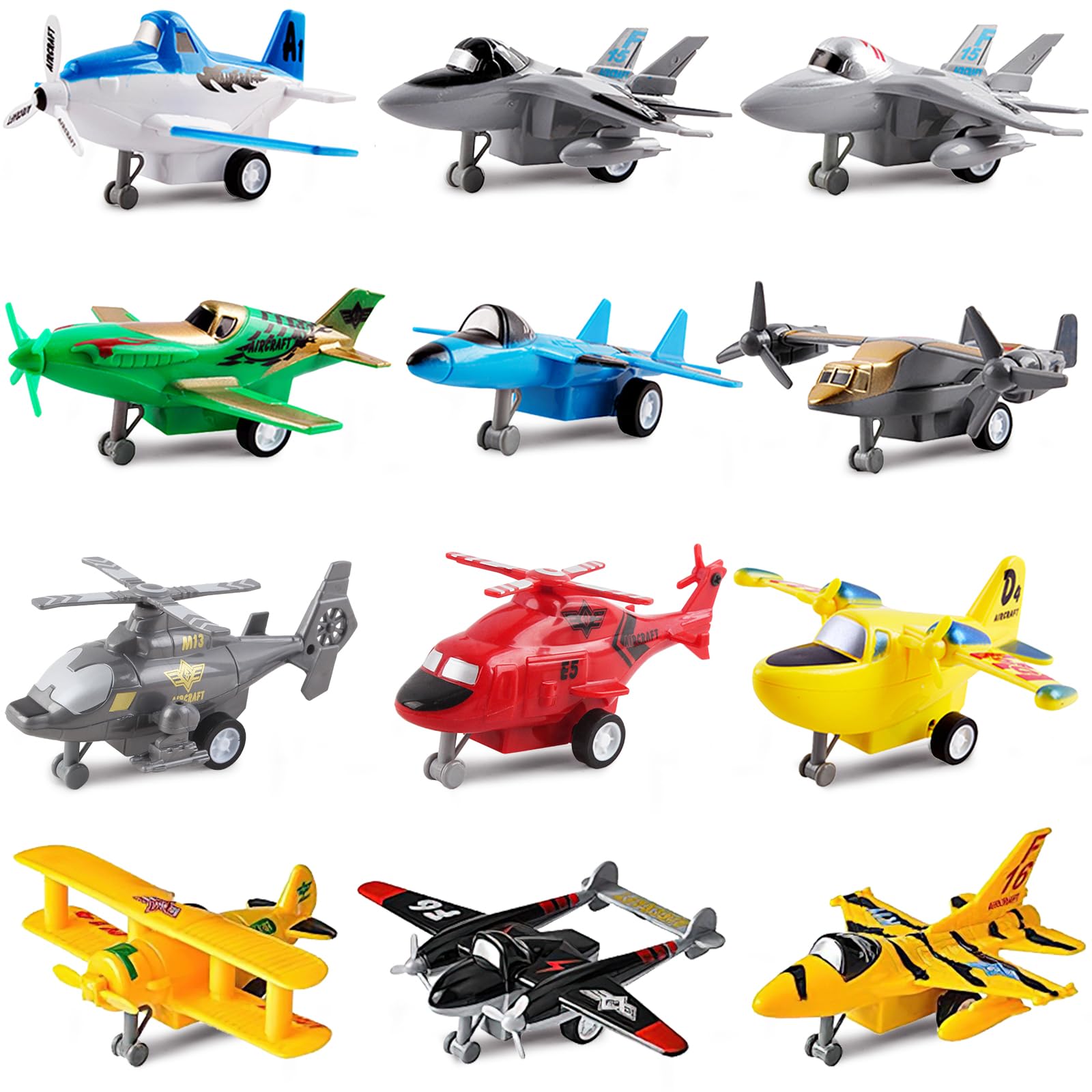 deAO Set of 12 Pull Back Airplanes, Aeroplane Toys, Helicopter Toy, Playset Includes Helicopters, Stealth Bombers, Fighter Jets, Aircraft, Planes, Role-Play Aircraft Models, Birthday Gift for Kids