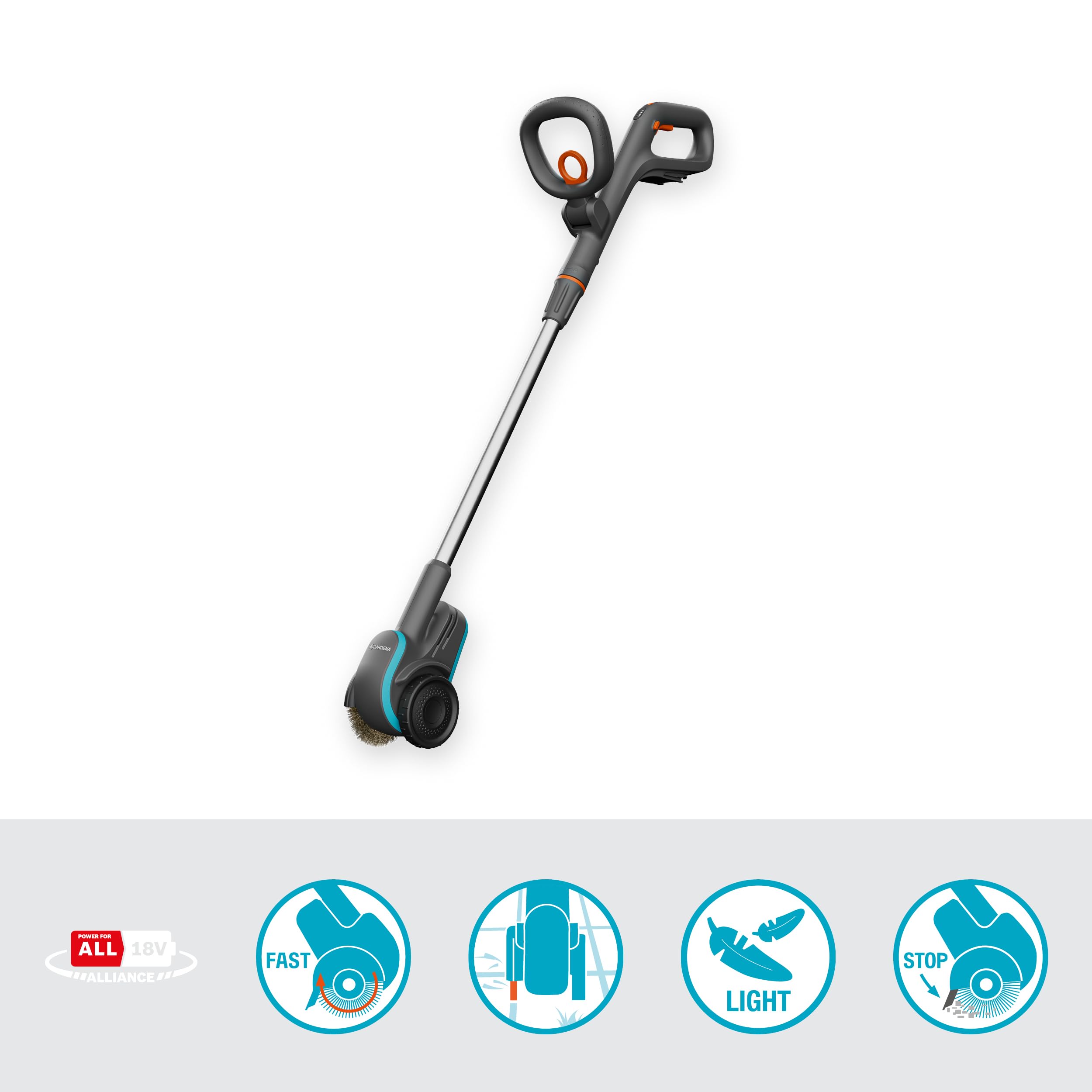 Gardena Akumulatorowa szczotka do fug EasyWeed 1800/18V P4A – bez akumulatora: Do czyszczenia fug i usuwania chwastów, Łatwa obsługa, Stalowa szczotka do fug, Klapka ochronna, Brak przewodu (14820-55)