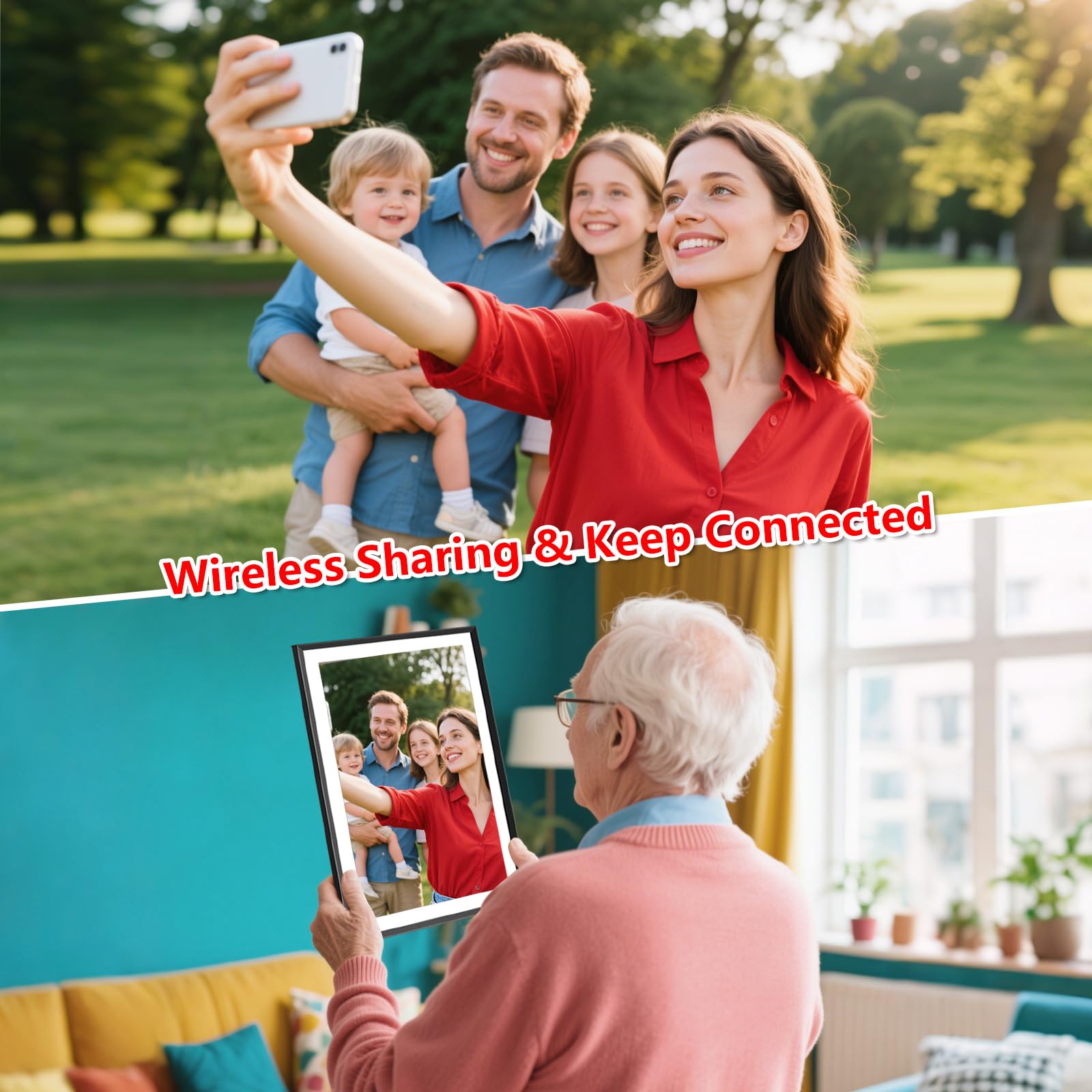 FRAMEO Cyfrowa ramka na zdjęcia 15,6 cala, bardzo duża, WiFi, cyfrowa ramka na zdjęcia z 32GB 1920 x 1080 IPS HD ekranem dotykowym, na biurko i montaż naścienny, udostępnianie zdjęć i filmów za pomocą