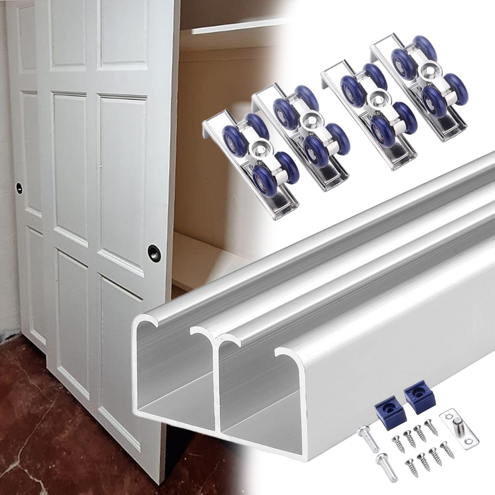 Blazea Cabinet Bypass Double Sliding Barn Door Hardware Track Kit, Heavy Duty Closet Door Rail Kit 48 60 72 96 inch, Aluminum Quiet Glide Barn Doors Track System(Silver,250cm(98.4in))