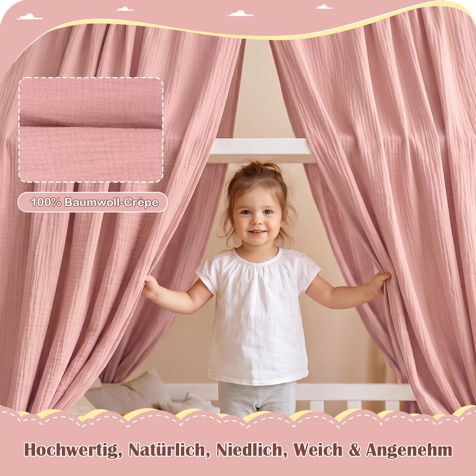 Hausbett Himmel - Betthimmel Hausbett aus 100% Baumwolle Musselin, Hausbett Vorhang für Kinderbett, Hausbett Deko Mädchen, Stoffhimmel für Hausbett & Himmelbett (Rosa, H350 x B135 cm (2 Stück))