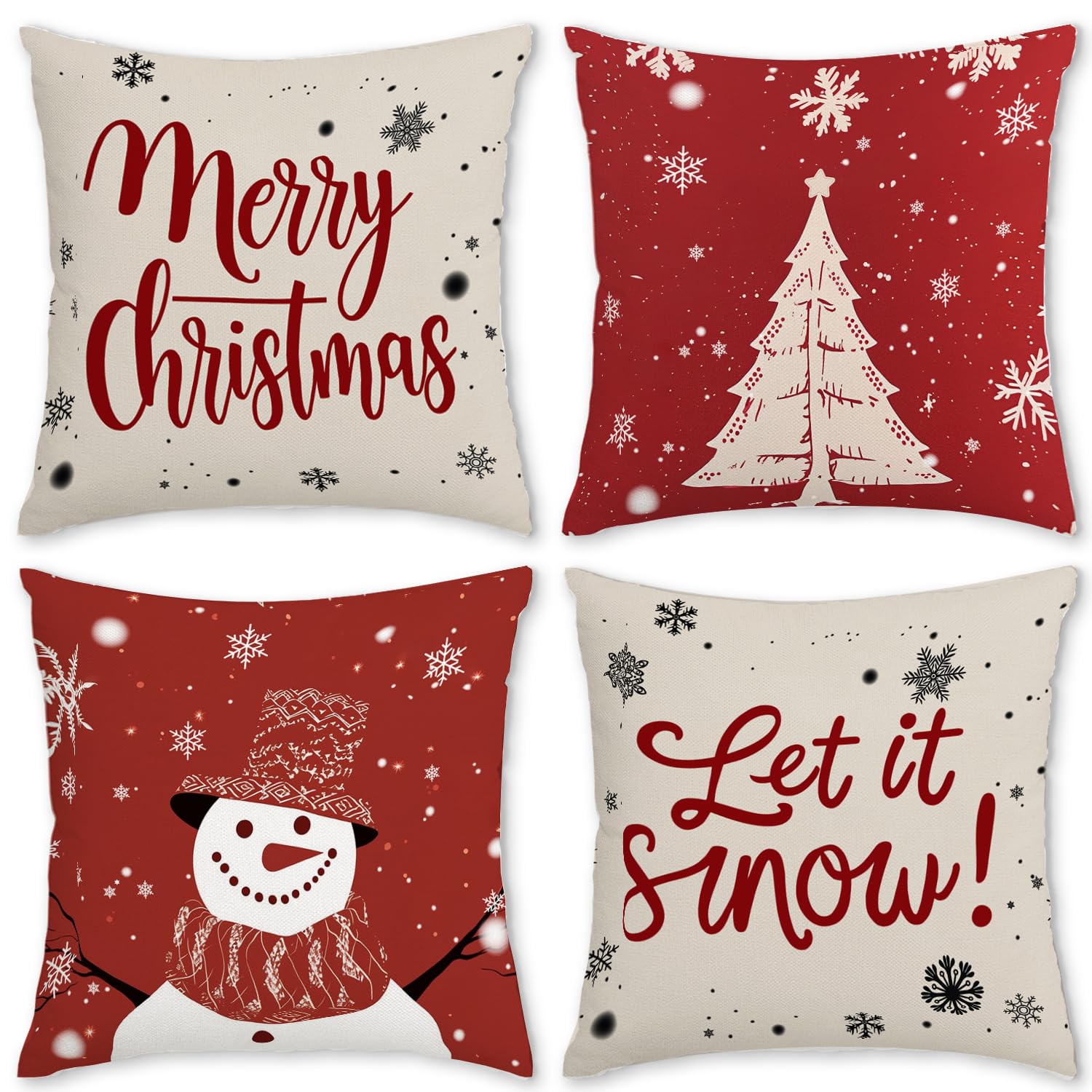 Cutebe 4 Pack Christmas Cushion Covers,18×18 Inch Red Throw Pillow Cases - Merry Christmas Snowflake Snowman Decor for Xmas Indoor Home Living Room Sofa