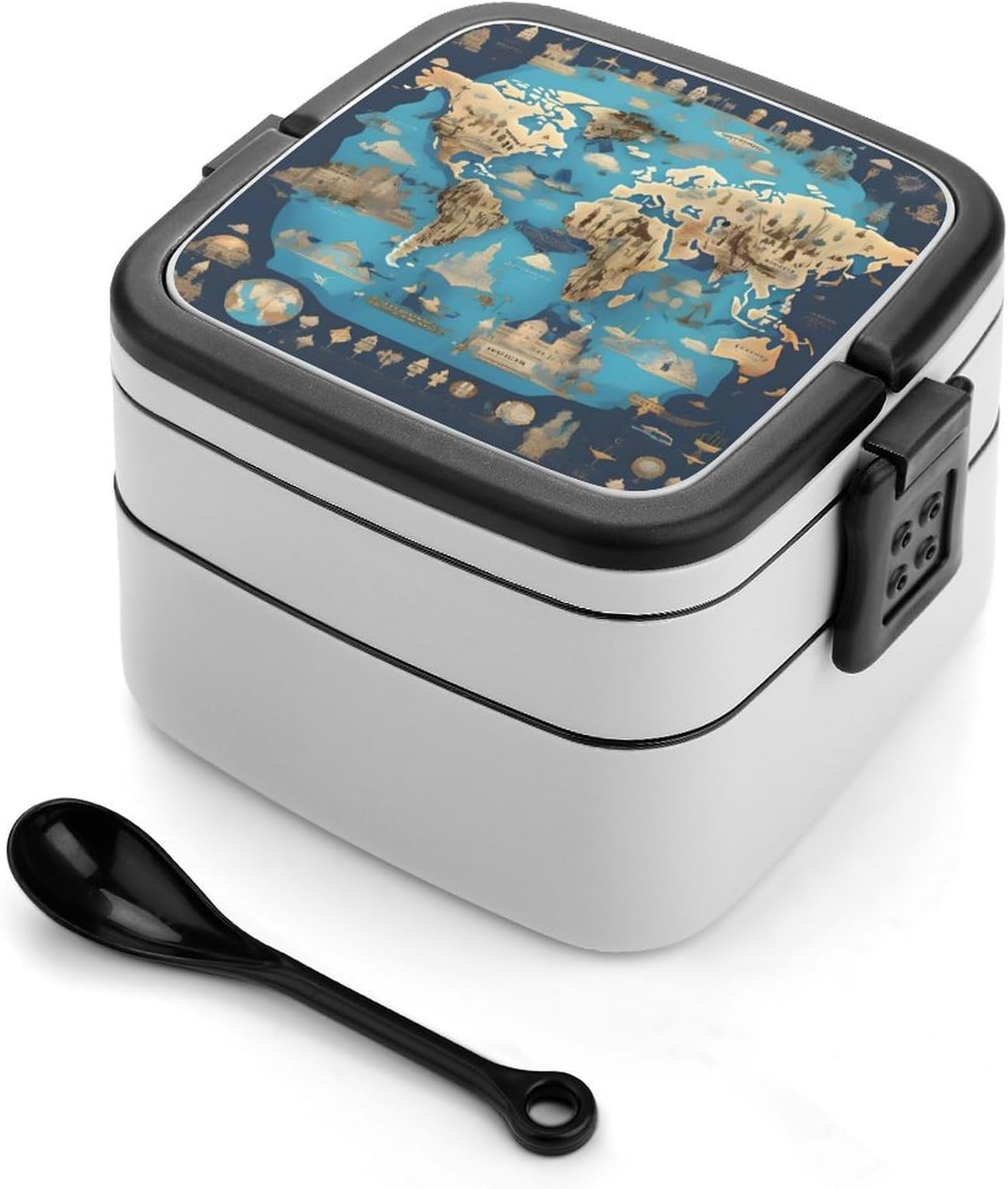 World Map Print Double Layer Bento Box with Spoon, Leakproof Adult Salad Container for Lunch Work Travel