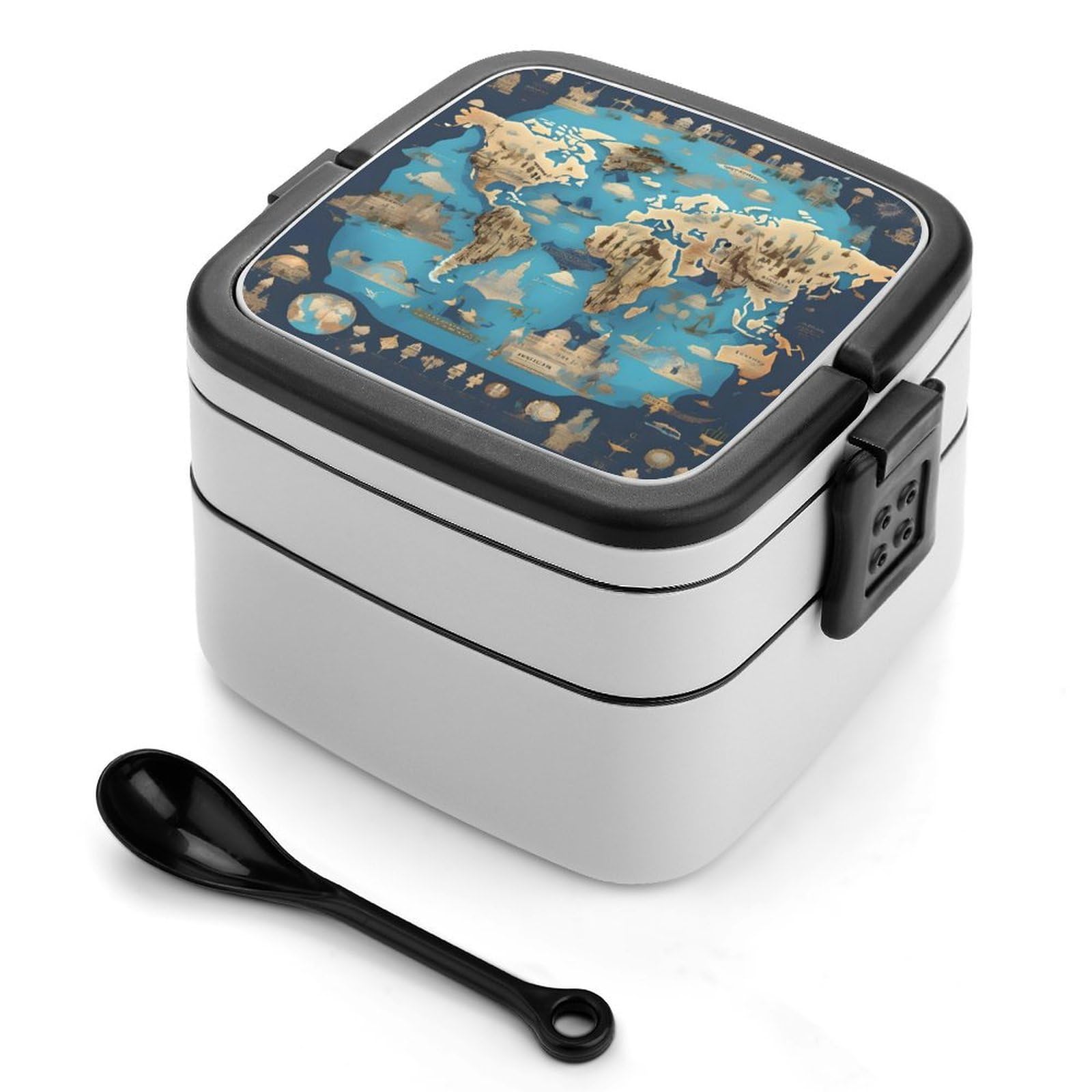 World Map Print Double Layer Bento Box with Spoon, Leakproof Adult Salad Container for Lunch Work Travel
