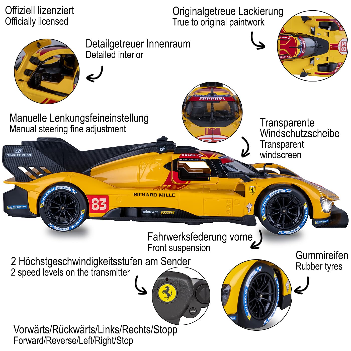 JAMARA 402262 Ferrari 499P-N83 1:14 żółty, 2,4 GHz, licencjonowany, zdalnie sterowany samochód RC z ręcznymi drzwiami, model samochodu, zabawkowy dla dzieci