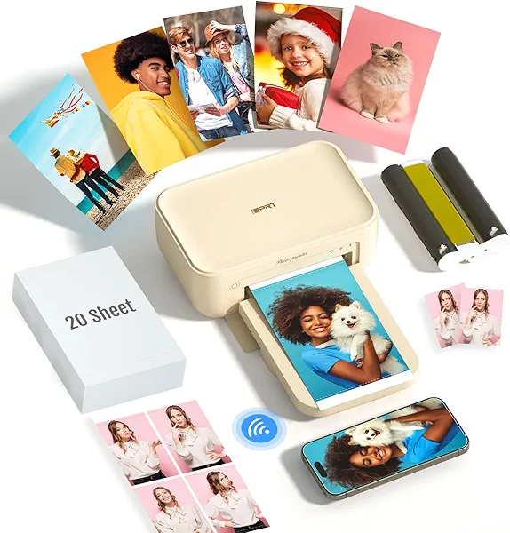 iDPRT 4×6 Photo Printer, Portable Color Picture Printer, Thermal Sublimation Mini Picture Printer, Bundle 20 Sheets Photo Paper & 1 Ribbon Cassette, Photo Printer for iPhone & Android Printe