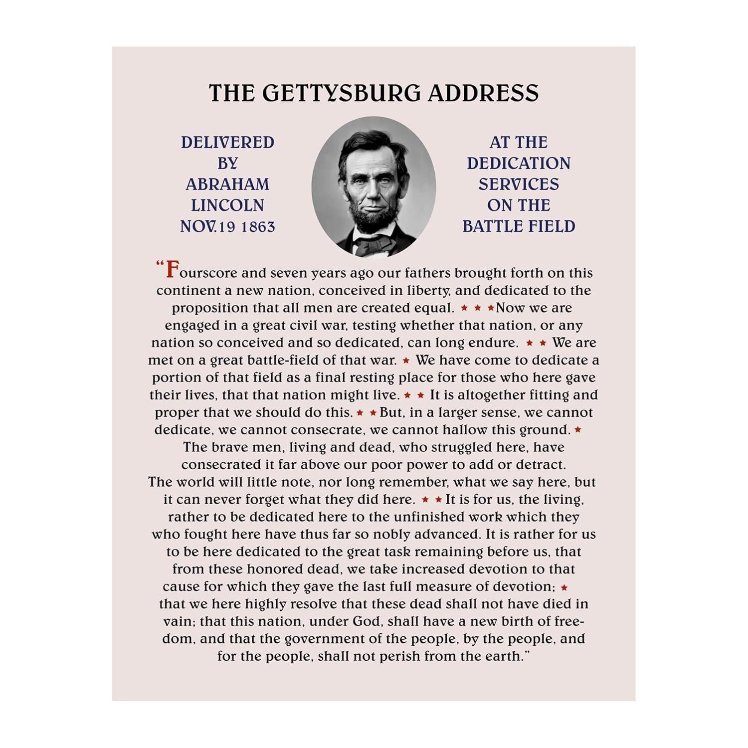 KCDFDVJFBM American Historical Poster, Abraham Lincoln Gettysburg Address Wall-Art, Patriotic Decor for Civil War Buffs History Teachers(Framed,12x18inch(30x45cm))