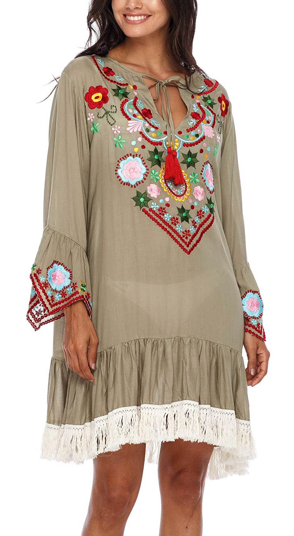 SHU-SHI Abito corto da donna ricamato con maniche a campana, stile bohémien, stile casual