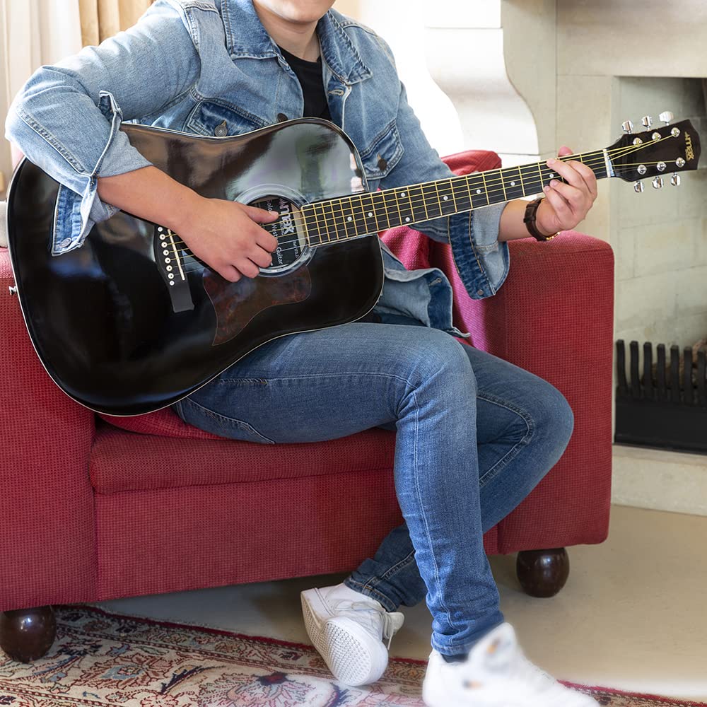 MAX SoloJam Westerngitarre, Akustik Gitarre Set, Acoustic Guitar, Akustikgitarre 4/4 mit Tasche, Plektrum, Stimmgerät, Schultergurt und Stahlsaiten, Anfängergitarre in Schwarz