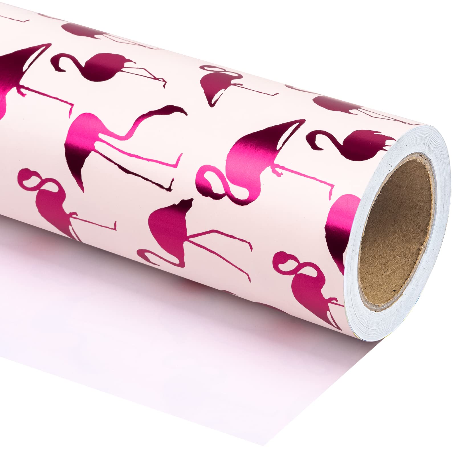 WRAPAHOLIC Wrapping Paper Roll - Mini Roll - 17 Inch X 33 Feet - Pink with Fuschia Foil Flamingo for Wedding, Birthday, Holiday, Baby Shower