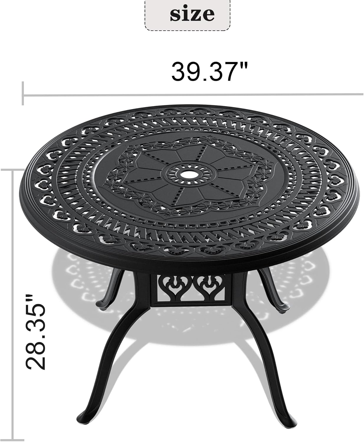 39.37 Inches Round Cast Aluminum Patio Dining Table with Black Frame Umbrella Hole – Durable Outdoor Indoor Use for, Balcony, Living Room (1 Doors)