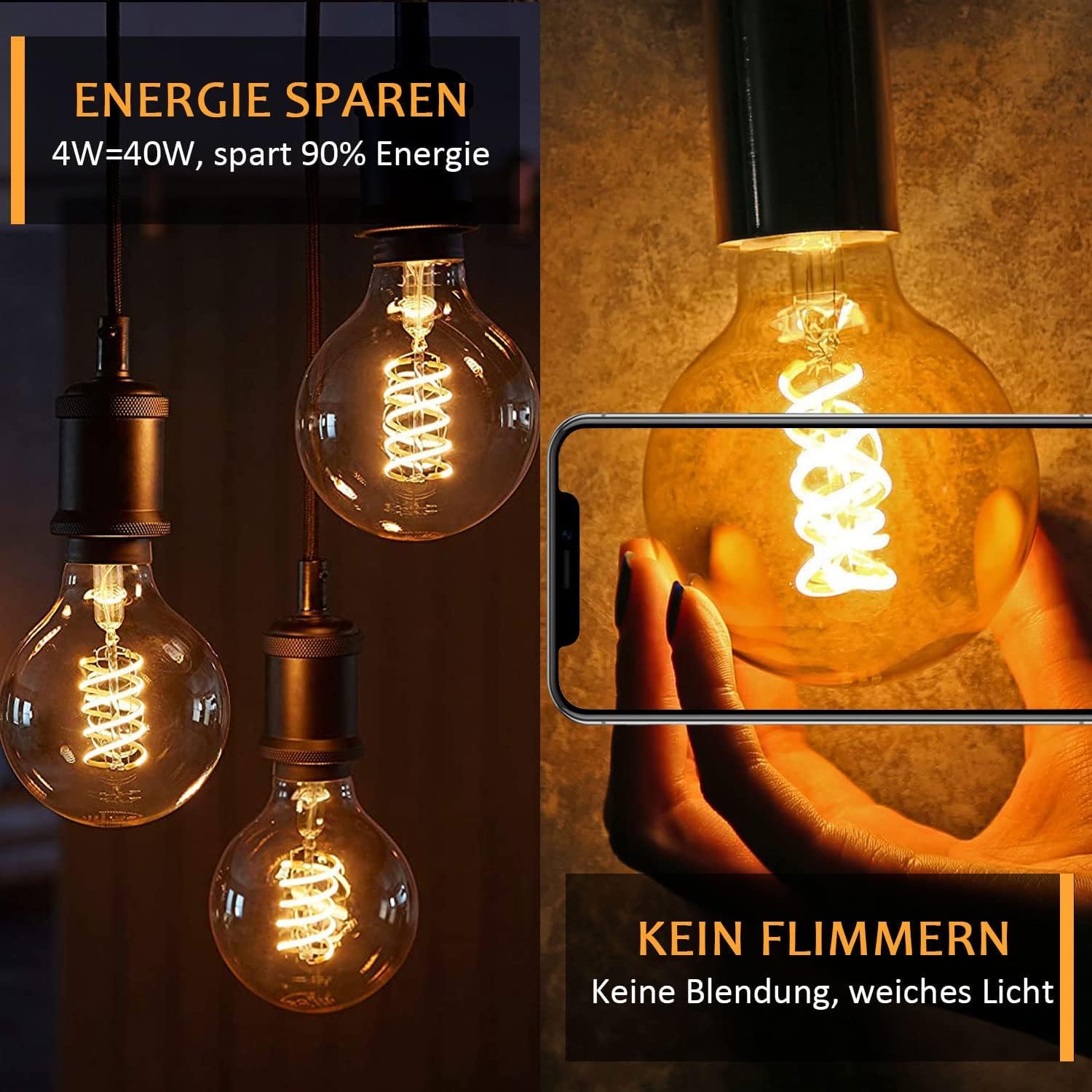 Glühbirne E27 LED Vintage 4W Dimmbar Warmweiß G80, Bernstein - 6 Stück | Edison Vintage Glühbirne E27, Retro Glühbirne, LED Filament Lampe für Nostalgie und Retro Beleuchtung im Haus Café Bar