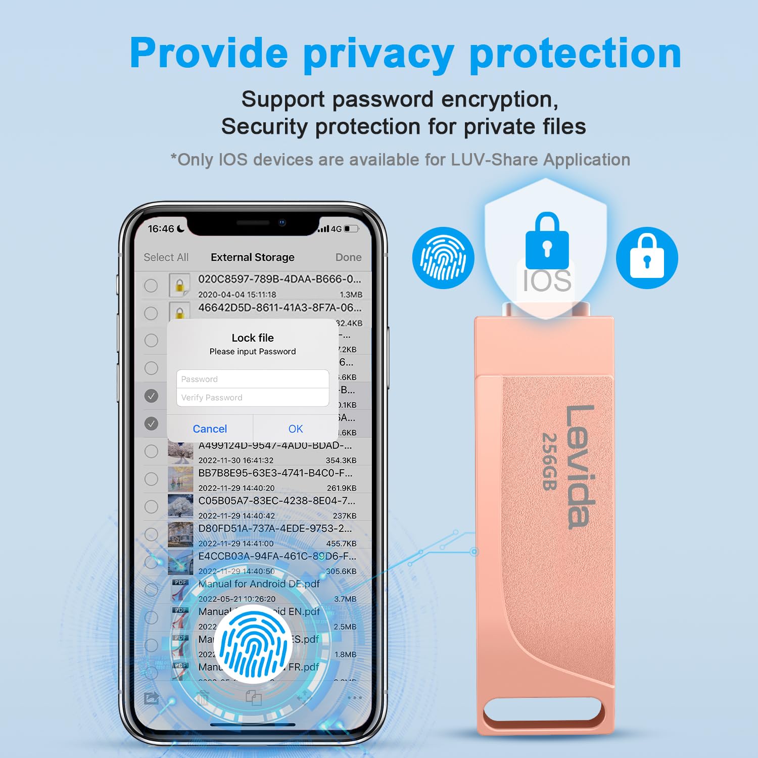 Chiavetta USB 256gb per Phone,Levida Memoria Esterna per scaricare foto,Pen Drive USB C 3.0,Photo Stick,4 in 1 USB Stick per iOS/Smartphone/Pad/Android/PC(Foto/Video/Backup Automatico),Rosa chiaro