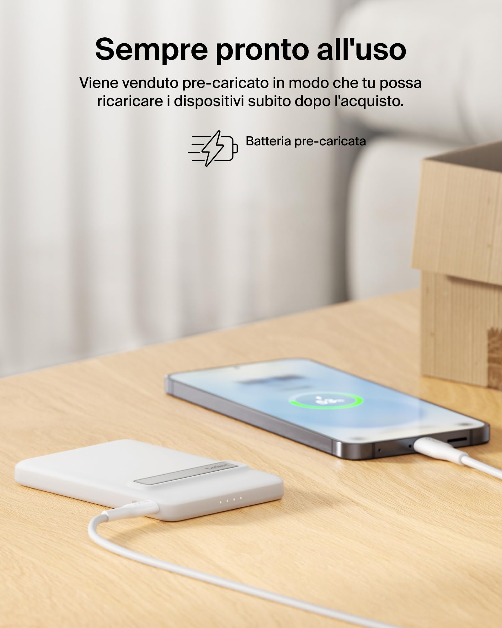 Belkin BoostCharge Power Bank Magnetico Sottile 5000mAh, Supporto - Bianco | Caricatore Portatile 5000mAh Wireless Qi2, Anello Magnetico, 1 USBC, Pre-Caricato, Leggero, Cavo Incluso, Sicuro per l'Aereo