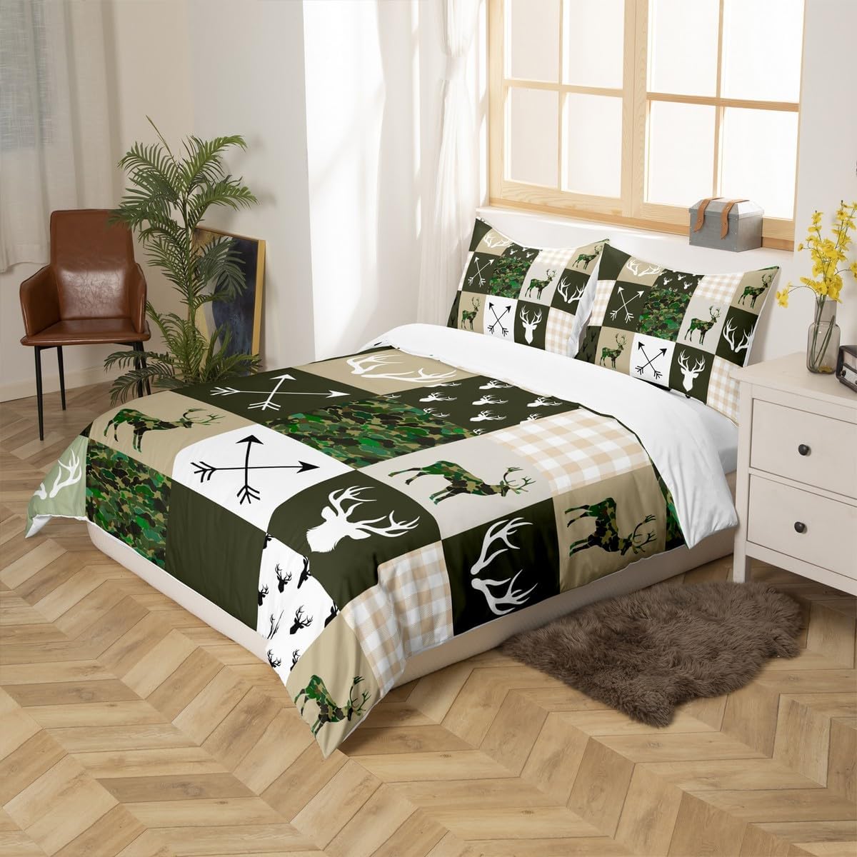 Camo Deer Antlers Kids Duvet Cover Set Twin Size,Animal Arrow Silhouette Bedding Set,Girls Boys Adults Room/Xmas Decor,Lattice Patchwork Comforter Cover,Boho Army Green Quilt Cover,2pcs,1 Pillowcase