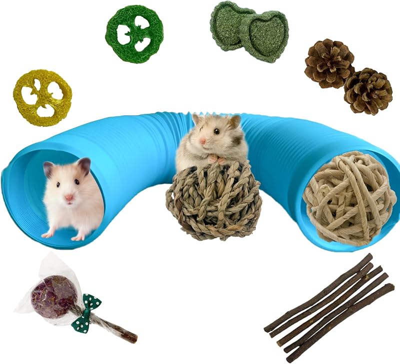 Túnel Dobrável de Plástico para Pequenos Animais MUYG com Brinquedos Mastigáveis, Azul, Pacote com 15 Peças