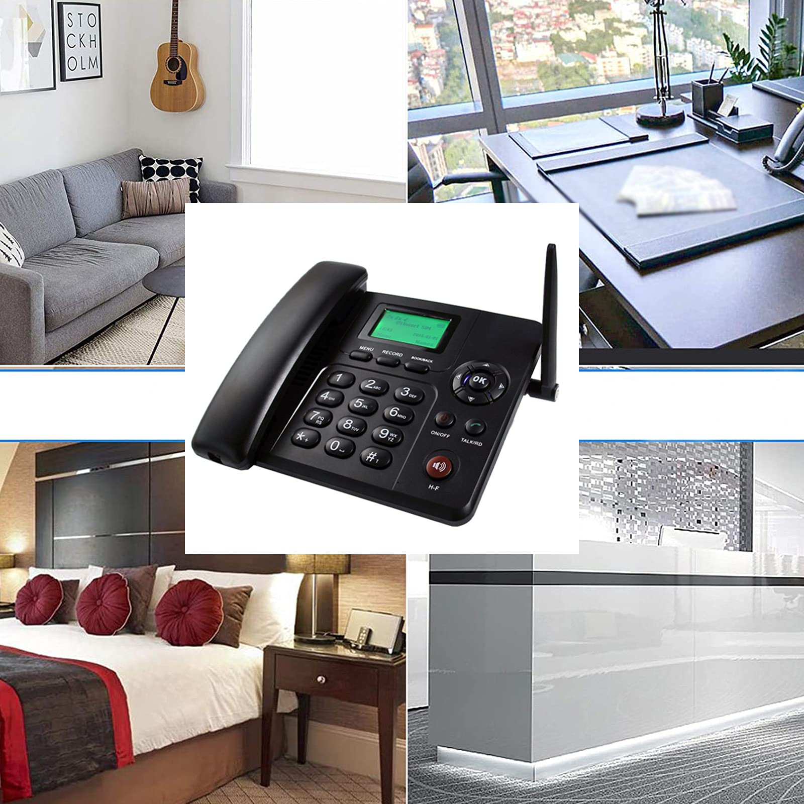 IBOWZ Telefono Fisso Telefono da scrivania Classico gsm Quadband,Vivavoce gsm Wireless Doppia SIM,Funzione Radio,Antenna Esterna,per Hotel Home Office,Telefono Fisso,Telefono Desktop Nero