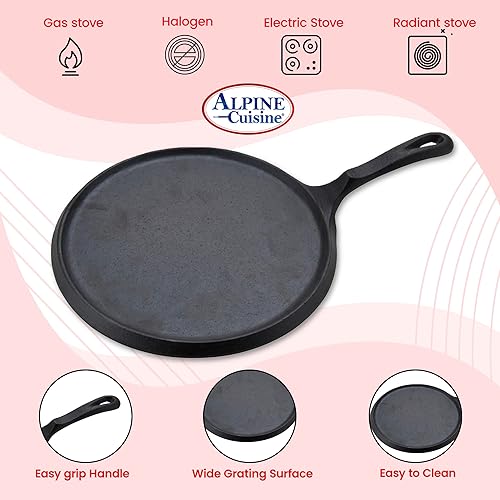 Miniatura 6 de Alpine Cuisine Plancha plana y comal de hierro fundido de 10 pulgadas  Presazonada con mango duradero  Utensilios de cocina de calefacción uniforme
