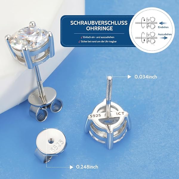 Moissanite Ohrringe Silber 925 Ohrstecker Damen & Herren Helix Piercings Hypoallergen Weißgold Laborgezüchteter Moissanit - 4