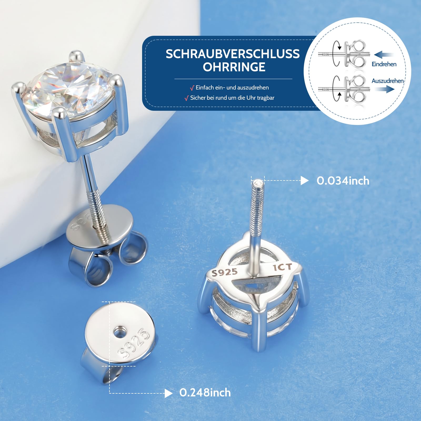 Moissanite Ohrringe Silber 925,Ohrstecker mit Anti-Verlust Schraubverschluss Hypoallergen Weißgold Beschichtet Geschenk für Frauen Mama Oma,3-6.5mm