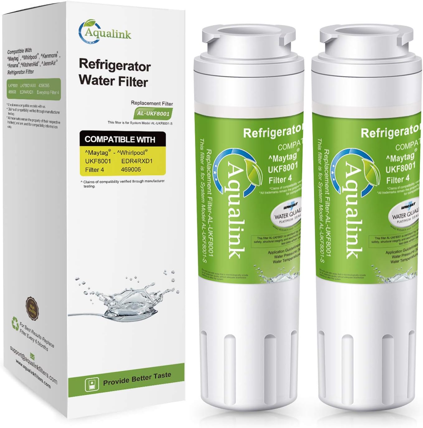 AQUALINK UKF8001 Replacement for EveryDrop EDR4RXD1, Filter 4, 4396395, Maytag UKF8001AXX-200 Refrigerator water filter, 2PACK, Puriclean II, RFC0900A, RWF0900A, EFF-6007A