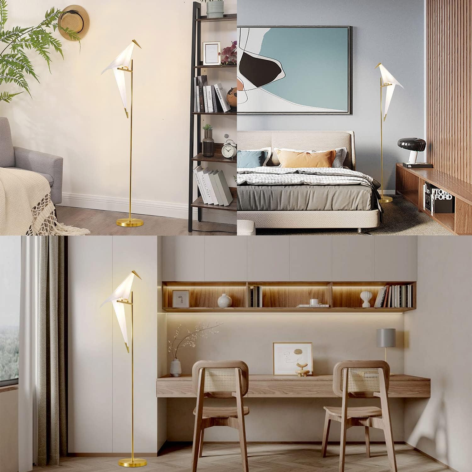 MORE CHANGE 62-Inch Modern Bird Floor Lamp, Origami Bird Lamp Gold Standing Lamp with Birds Shade Swing Paper Crane Floor Light Fixtures for Living Room Bedroom Office