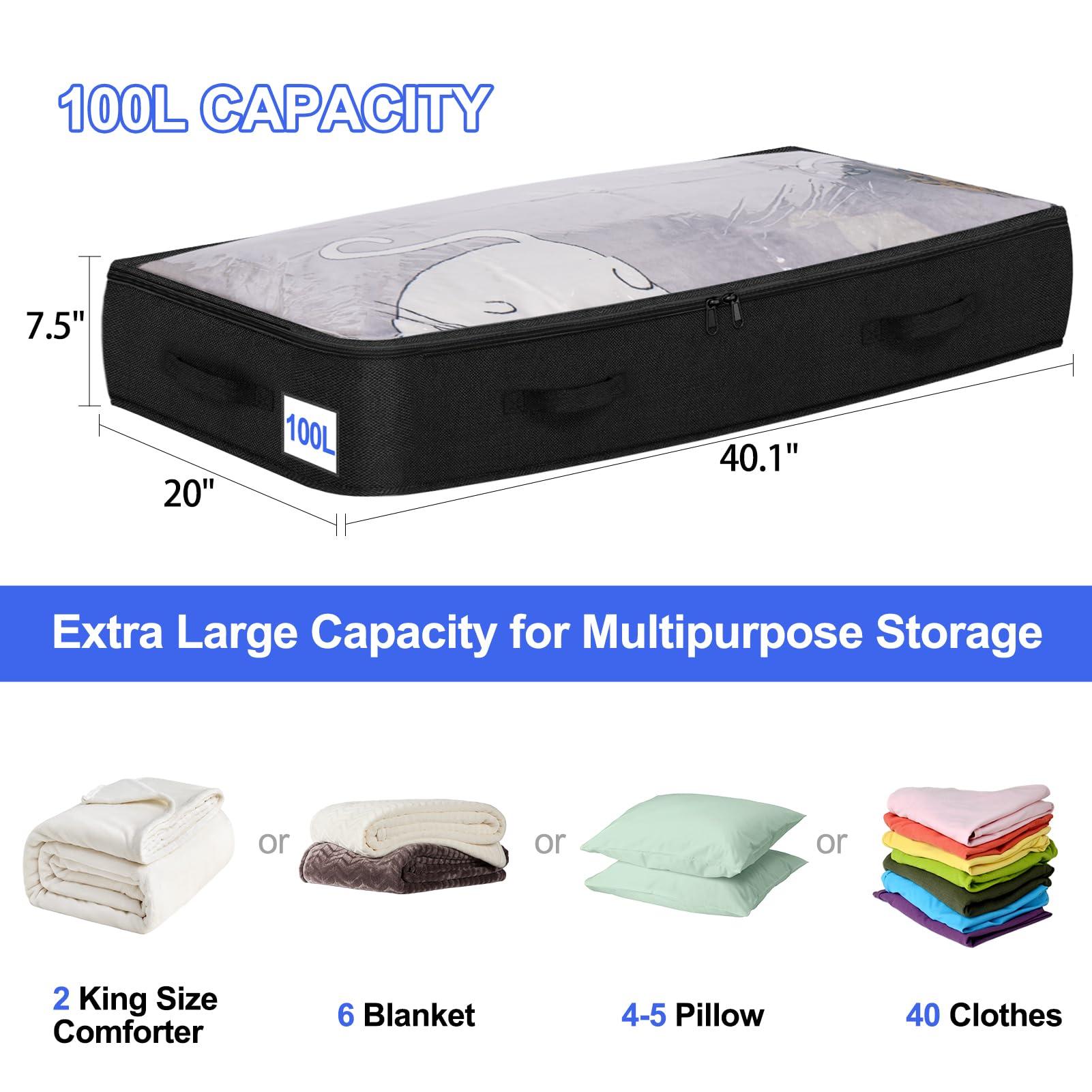 punemi Contenitori portaoggetti da mettere sotto il letto, extra large, pieghevoli, con cerniera, per coperte, vestiti, trapunte, in tessuto, con coperchio, per dormitorio universitario, confezione da