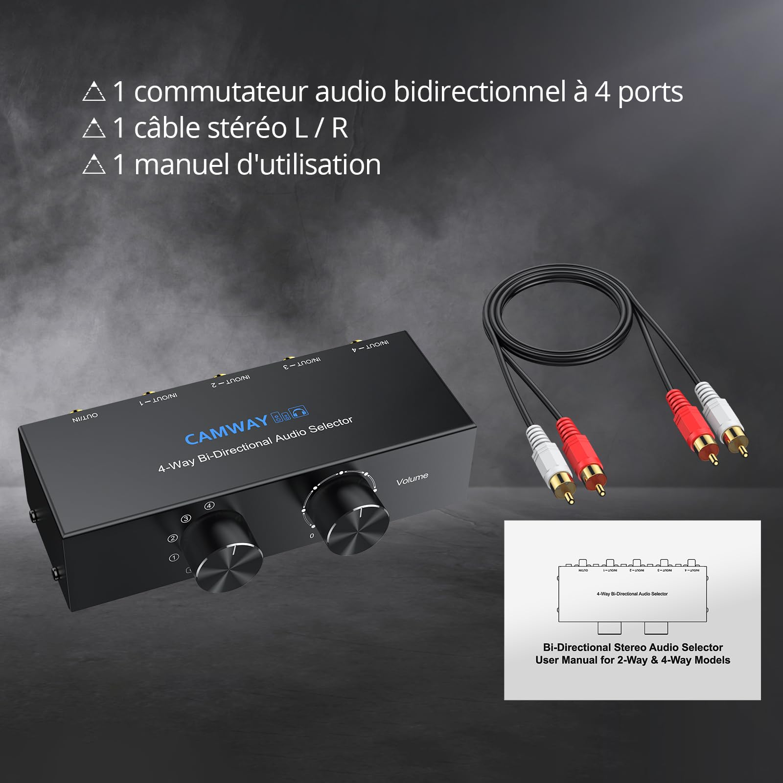 CAMWAY 1X4/4X1 Commutateur Audio Bi-Directionnel RCA & 3.5mm – Commutateur Stéréo à 4 Sorties ou Entrées, avec Fonction Off et RCA Inclus, Compatible PC, Smartphone, Amplificateur et Casque