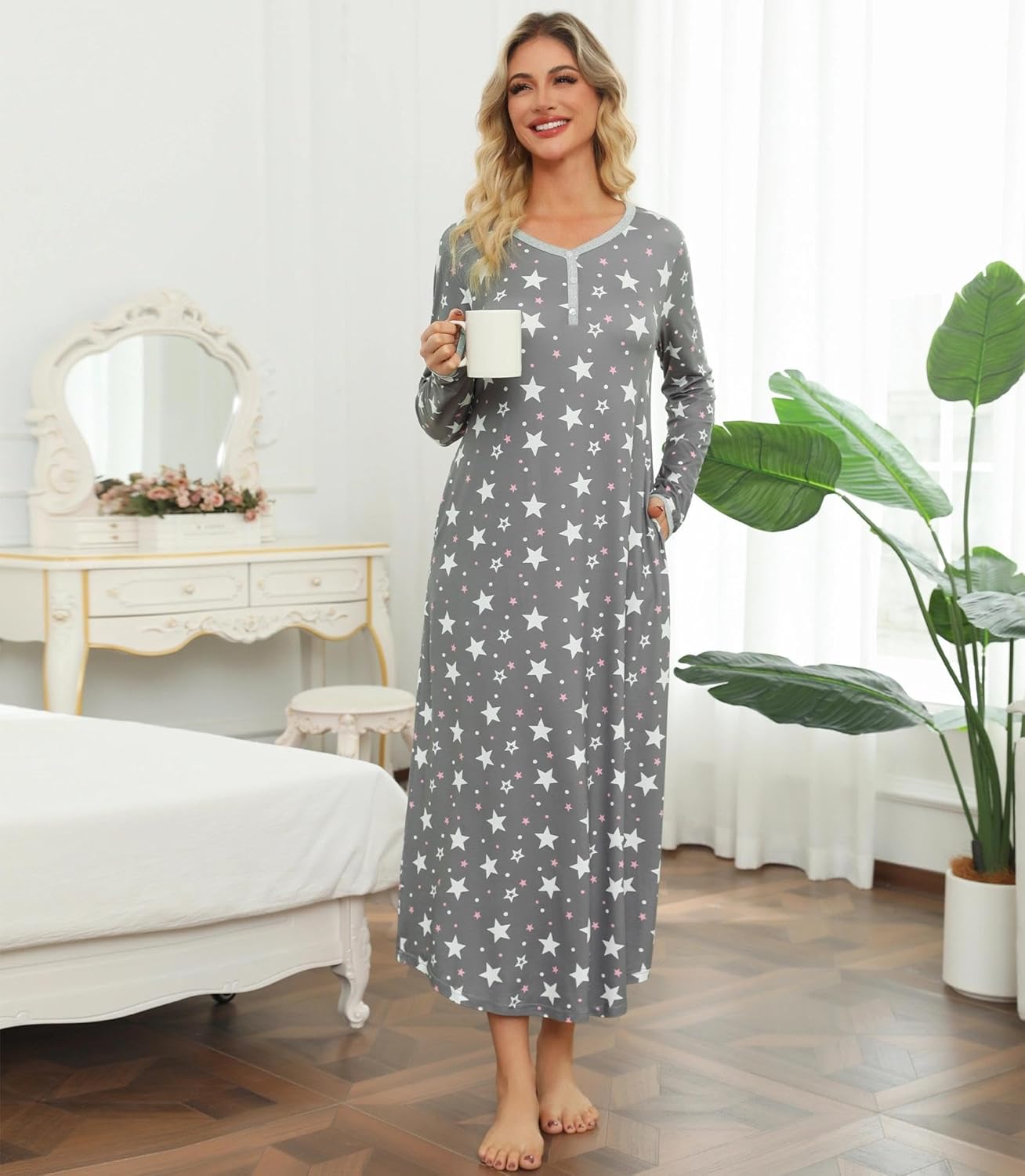 ENJOYNIGHT Womens Long Sleeve Nightgown V Neck Lounge Nightshirt Button Down Sleep Dress with Pockets - Image 2