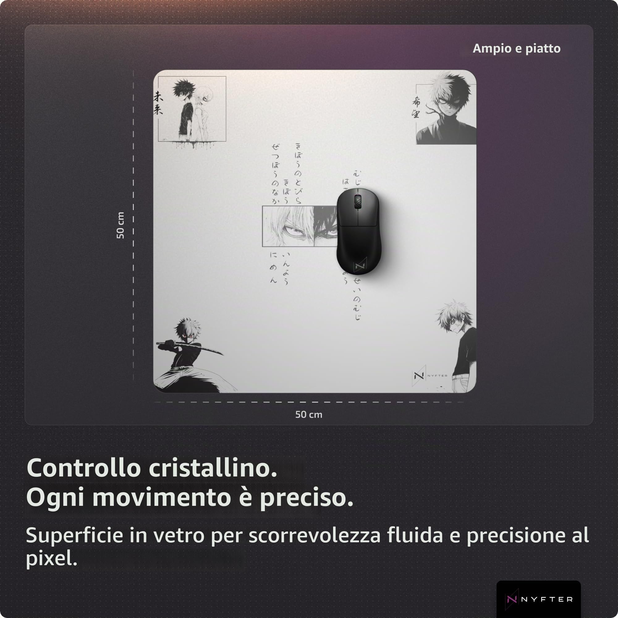 Nyfter Tappetino per mouse da gioco in vetro, 50 x 50 cm, superficie ultra precisa, vetro temperato, antiscivolo, bordi arrotondati, perfetto Glide – Premium Mouse Pad/Glasspad per Esports & Gaming