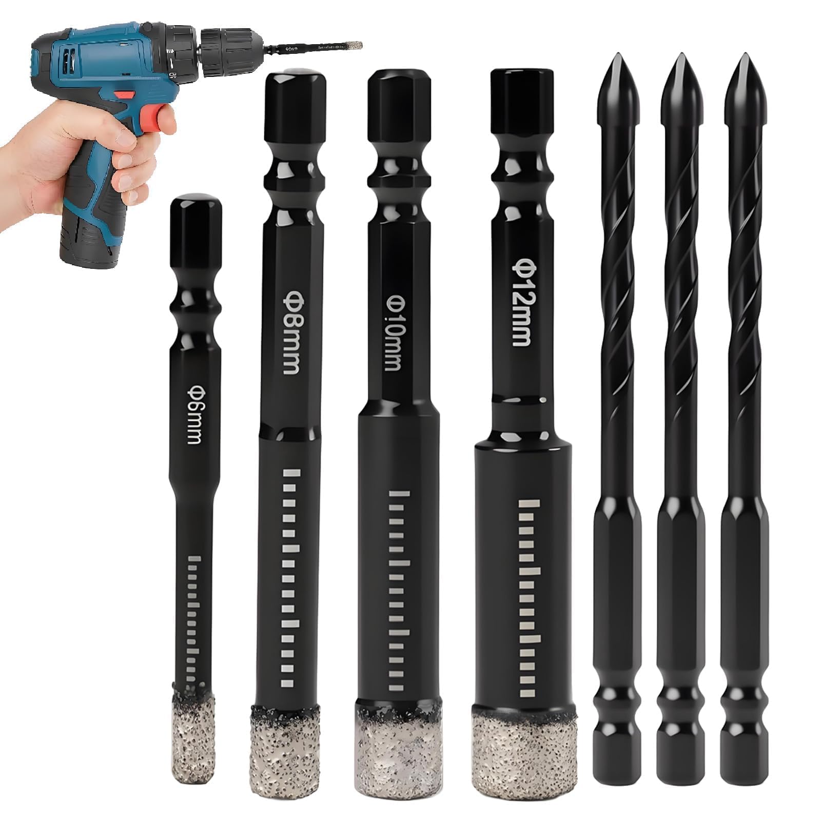 7 Pcs Porcelain Tile Drill Bit Set, Diamond Drill Bit 6mm Tile Drills Bits, 6/8/10/12mm Diamond Drills Bits for Porcelain Tiles, Suitable for Granite Marble Stone and Ceramic