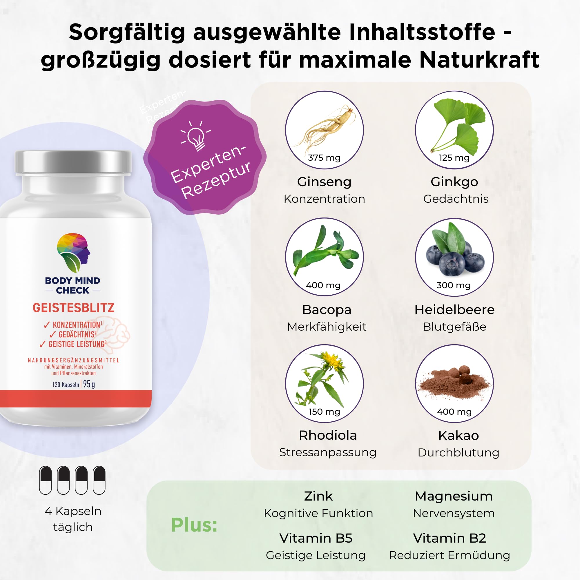 GEISTESBLITZ - natürliche Konzentrations Tabletten zum Lernen und Arbeiten - 120 Brain Booster Focus Kapseln hochdosiert - Focus Booster Gedächtnis Tabletten - Nootropic Gehirn Gedächtniskapseln