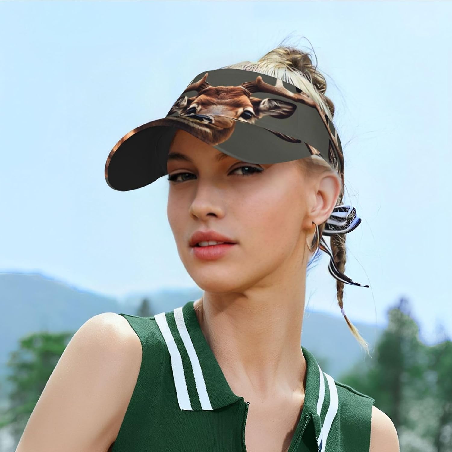 Beauty Deer Print Foldable Sun Visor Hat Lightweight Adjustable Sun Visor Hat Outdoor Sports Cap for Adults Black