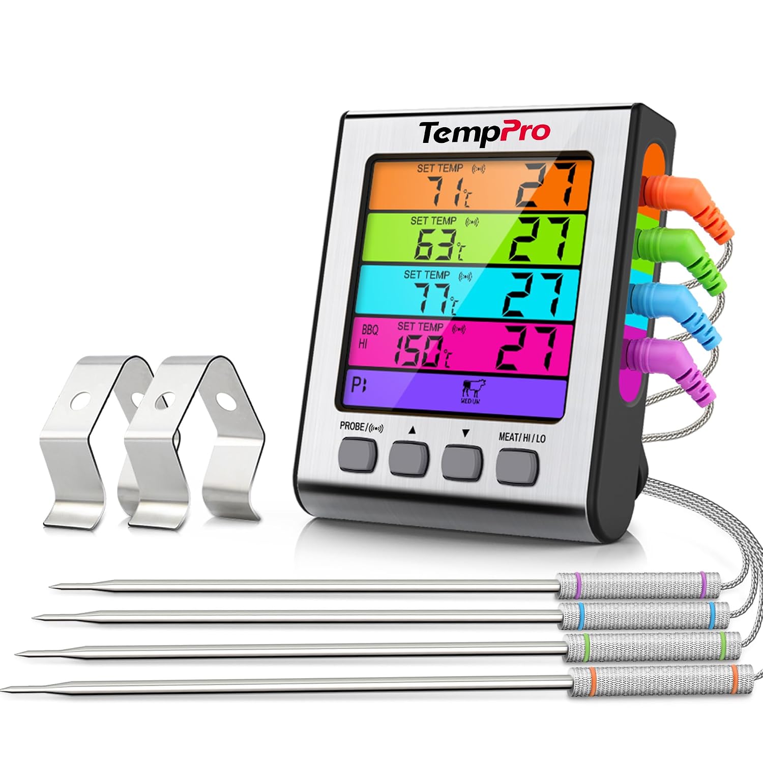ThermoPro TP17H Digitales Grill-Thermometer Bratenthermometer Fleischthermometer Ofenthermometer mit 4 Edelstahlsonden, Blaue Hinterbeleuchtung, Temperaturbereich bis 300°C