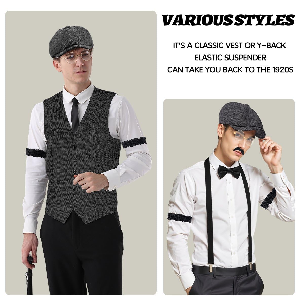 Disfraz de los años 20 para hombre, chaleco con accesorios, tirantes, muleta, reloj de bolsillo, barba, boina, gafas, alfiler de corbata para disfraz de mafia de los años 20, gángster, Peaky Blinders