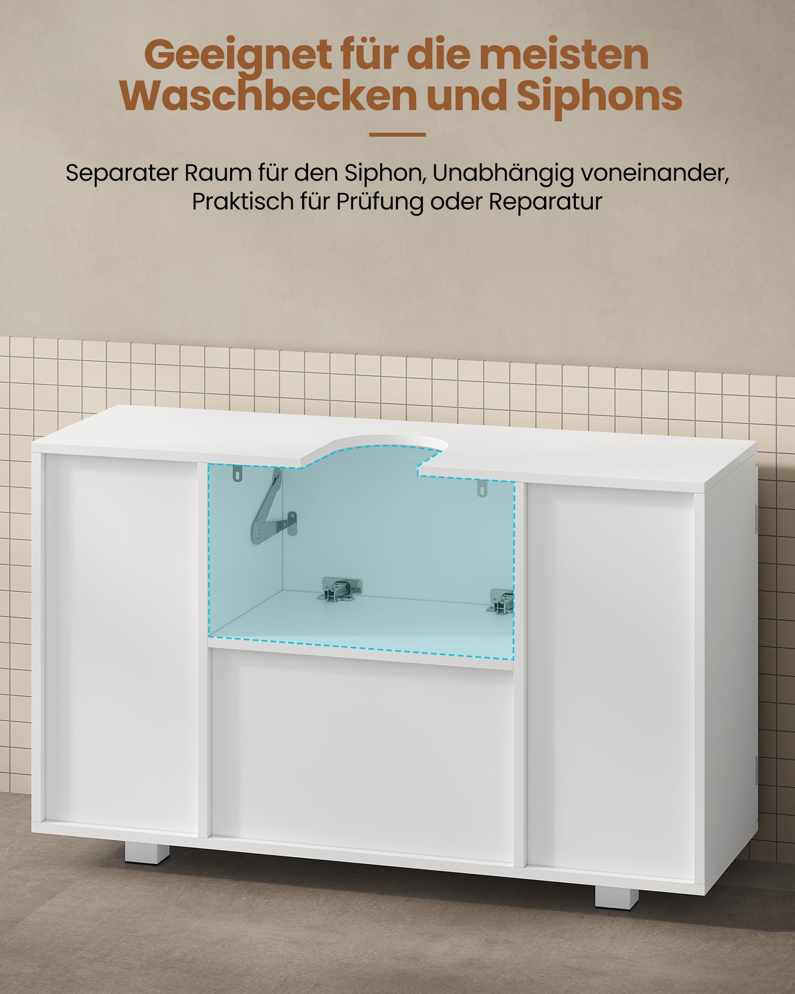 KIMENICH Waschbeckenunterschrank, Badezimmerschrank mit Schubladen, Türfächer, Verstellbare Ablagen, Unterschrank Waschbecken mit Füßen, Viel Stauraum, 90 x 30 x 60 cm, Weiß