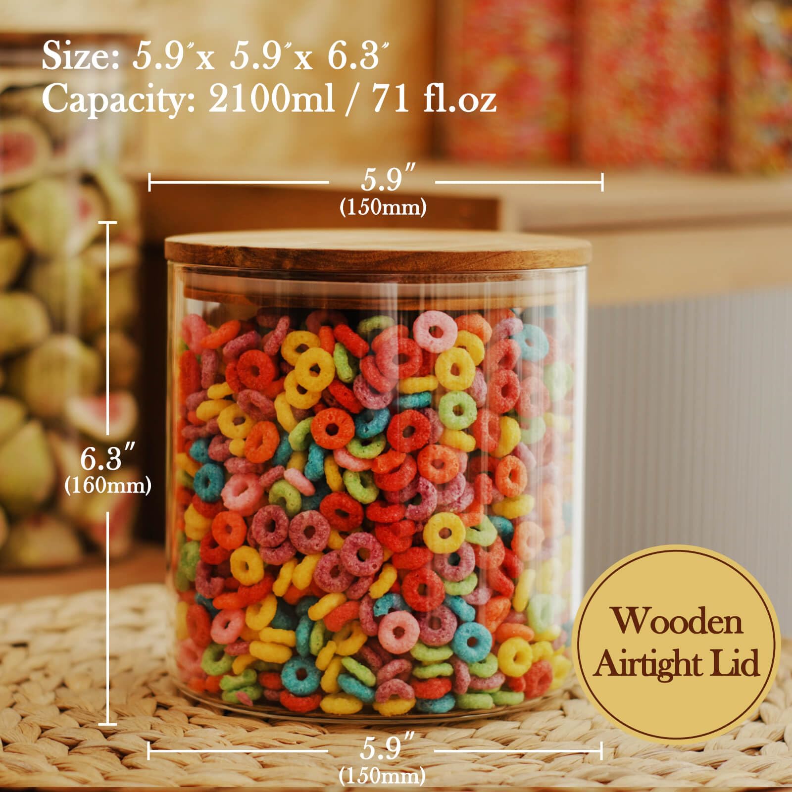 Labina Vorratsbehälter aus Glas, luftdicht, mit Holzdeckel, 2013 ml, breite Öffnung, Speisekammer-Organisation, Glasbehälter für Mehl, Zucker, Kekse, Spagetti, Nüsse und Süßigkeiten (2 Stück)